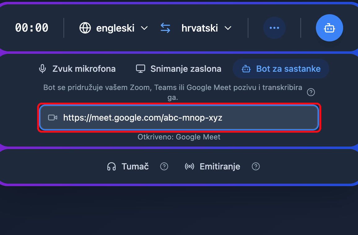 Pasting a Google Meet link into the Meeting Bot field in the Whisperr Web App, with the detected platform shown below