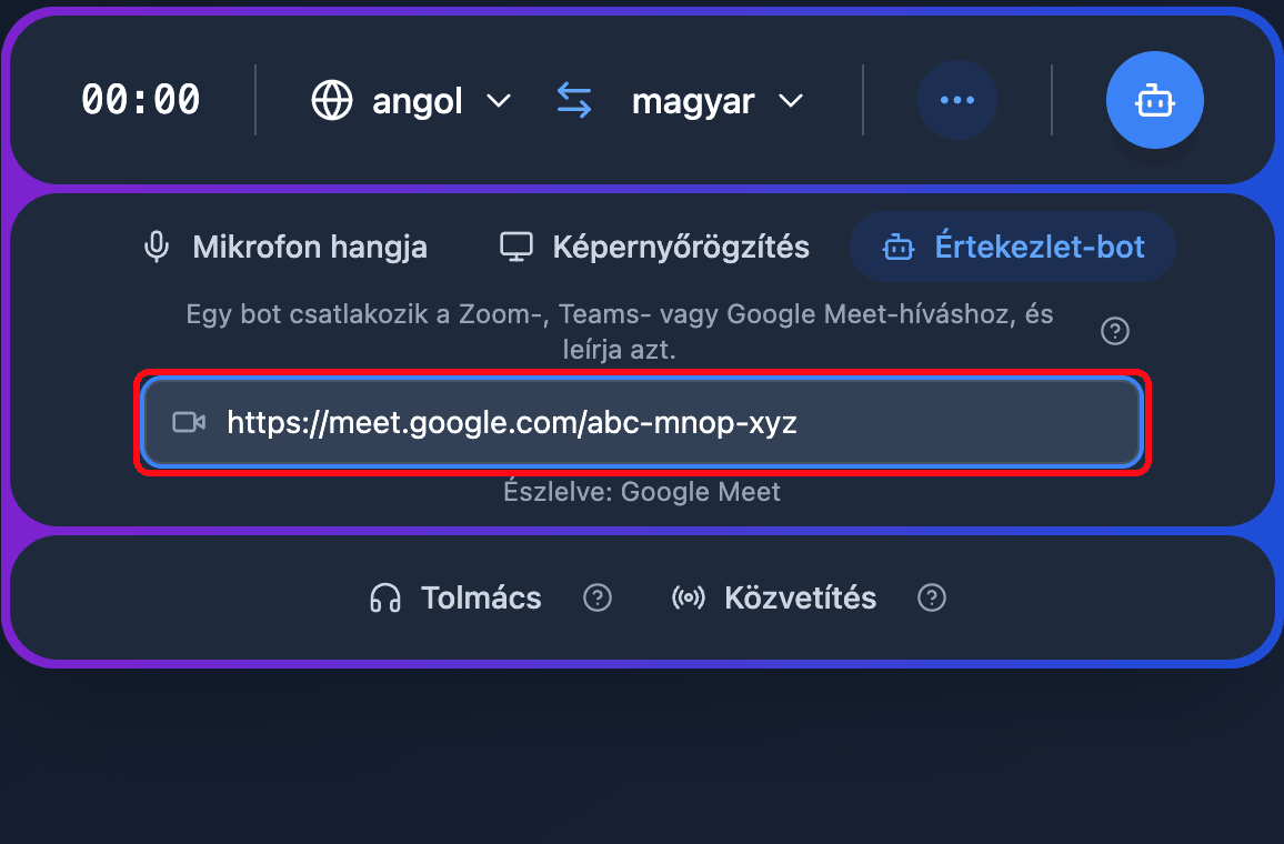 Pasting a Google Meet link into the Meeting Bot field in the Whisperr Web App, with the detected platform shown below