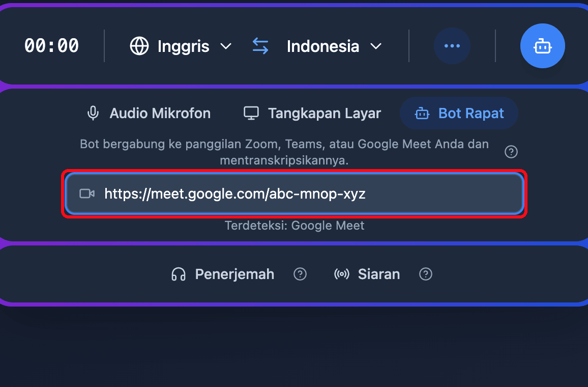 Pasting a Google Meet link into the Meeting Bot field in the Whisperr Web App, with the detected platform shown below