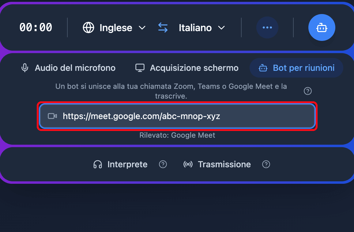 Pasting a Google Meet link into the Meeting Bot field in the Whisperr Web App, with the detected platform shown below