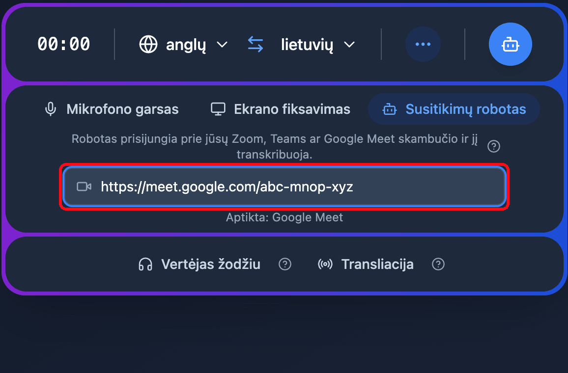 Pasting a Google Meet link into the Meeting Bot field in the Whisperr Web App, with the detected platform shown below