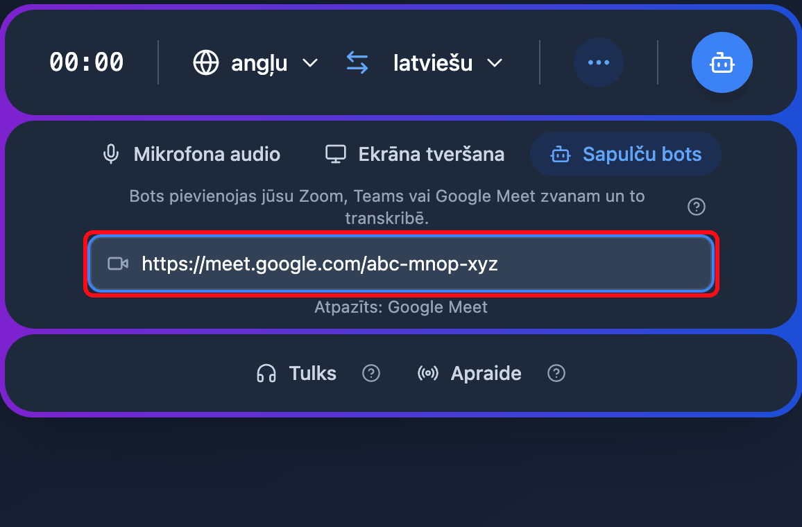 Pasting a Google Meet link into the Meeting Bot field in the Whisperr Web App, with the detected platform shown below