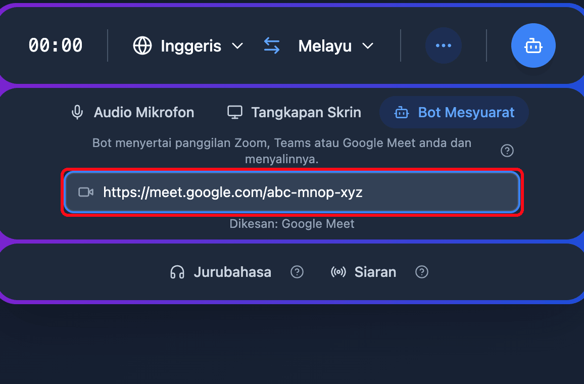 Pasting a Google Meet link into the Meeting Bot field in the Whisperr Web App, with the detected platform shown below