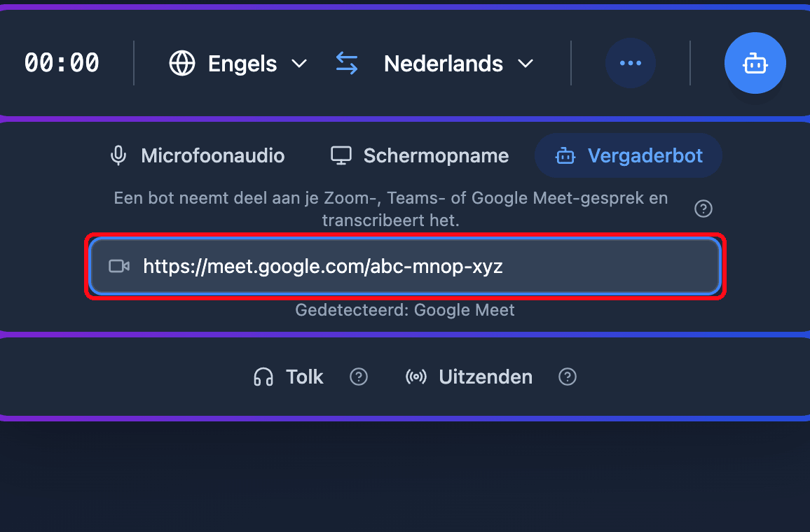 Pasting a Google Meet link into the Meeting Bot field in the Whisperr Web App, with the detected platform shown below