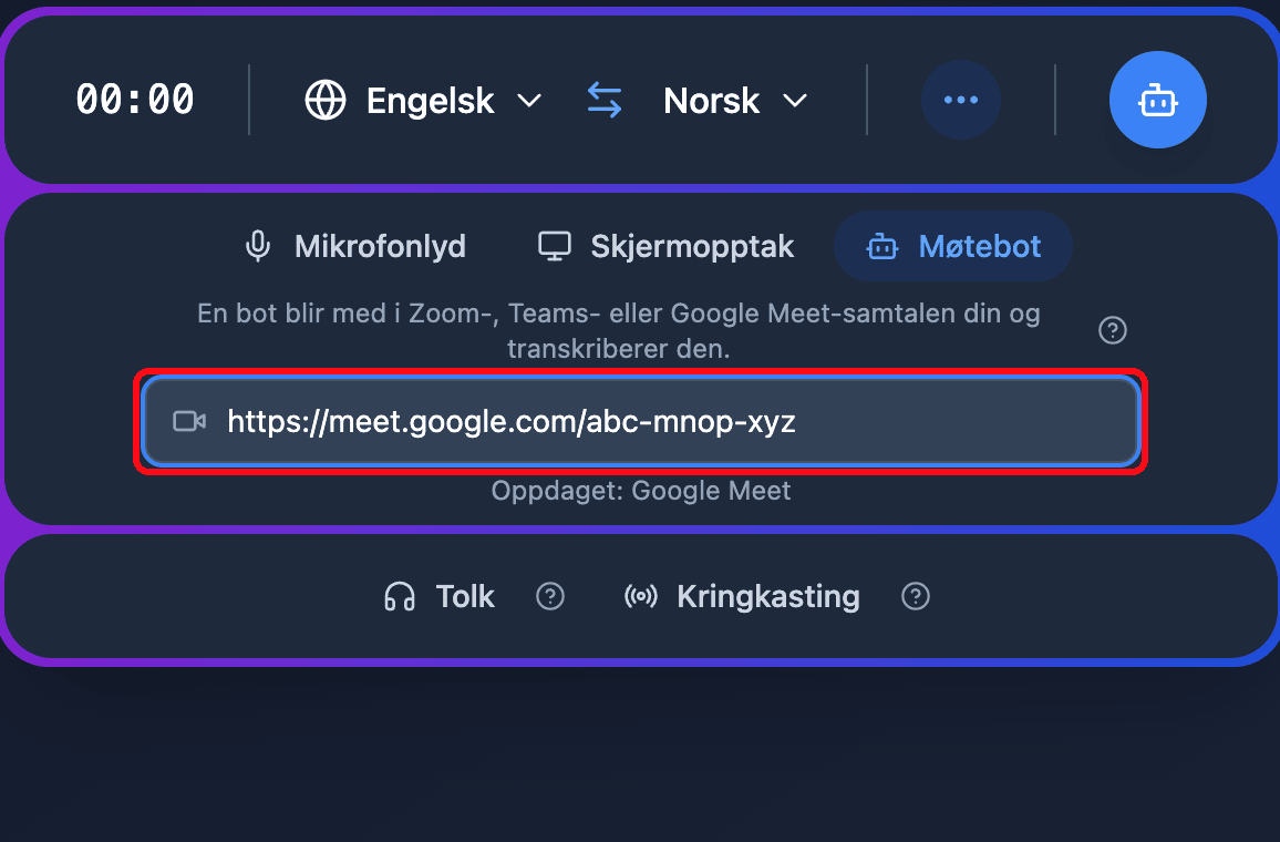 Pasting a Google Meet link into the Meeting Bot field in the Whisperr Web App, with the detected platform shown below