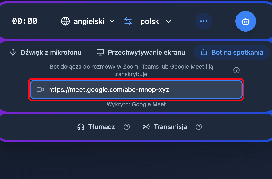 Pasting a Google Meet link into the Meeting Bot field in the Whisperr Web App, with the detected platform shown below