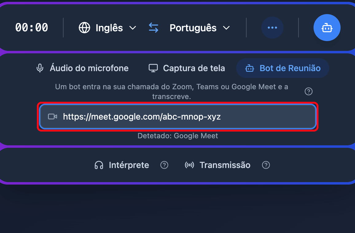 Pasting a Google Meet link into the Meeting Bot field in the Whisperr Web App, with the detected platform shown below
