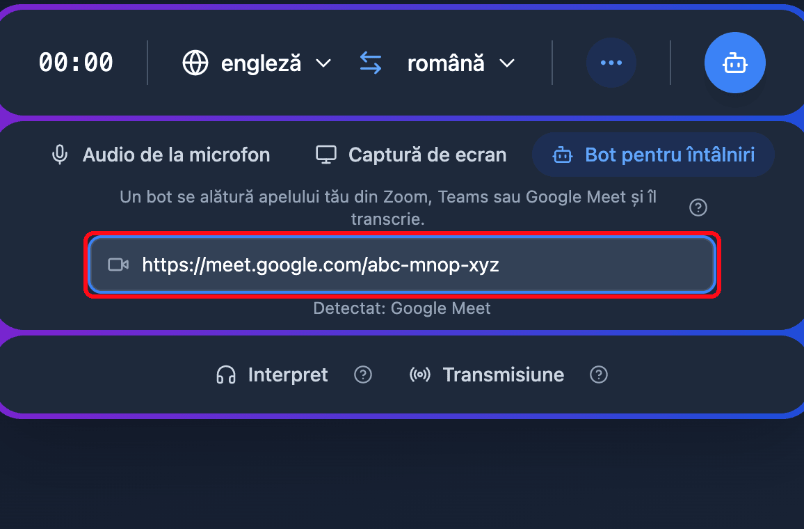 Pasting a Google Meet link into the Meeting Bot field in the Whisperr Web App, with the detected platform shown below