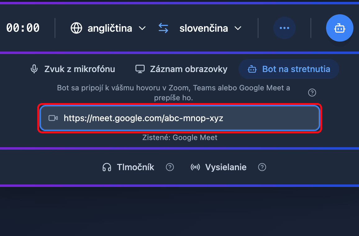 Pasting a Google Meet link into the Meeting Bot field in the Whisperr Web App, with the detected platform shown below
