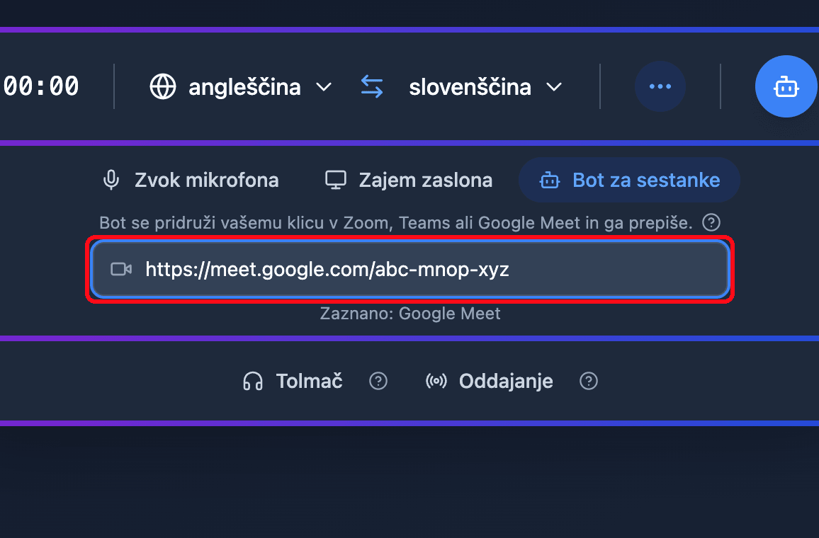 Pasting a Google Meet link into the Meeting Bot field in the Whisperr Web App, with the detected platform shown below