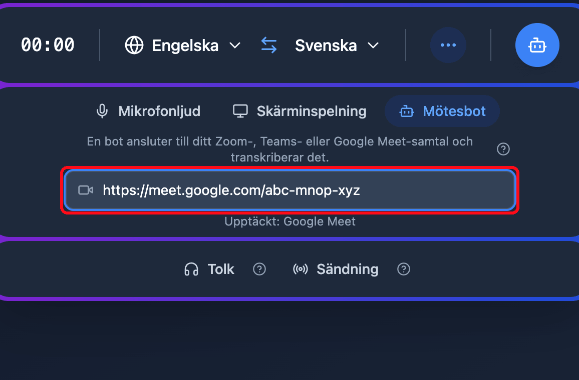 Pasting a Google Meet link into the Meeting Bot field in the Whisperr Web App, with the detected platform shown below
