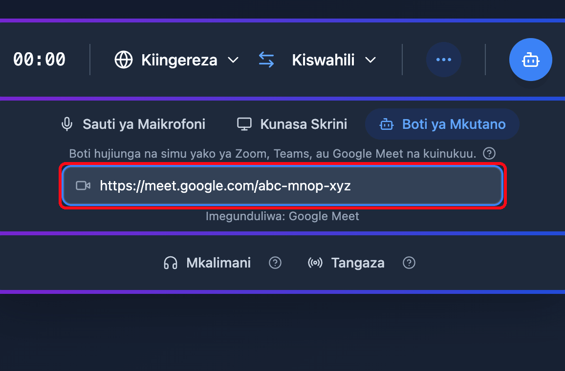 Pasting a Google Meet link into the Meeting Bot field in the Whisperr Web App, with the detected platform shown below
