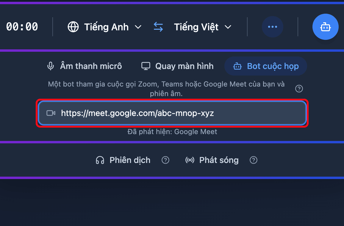 Pasting a Google Meet link into the Meeting Bot field in the Whisperr Web App, with the detected platform shown below