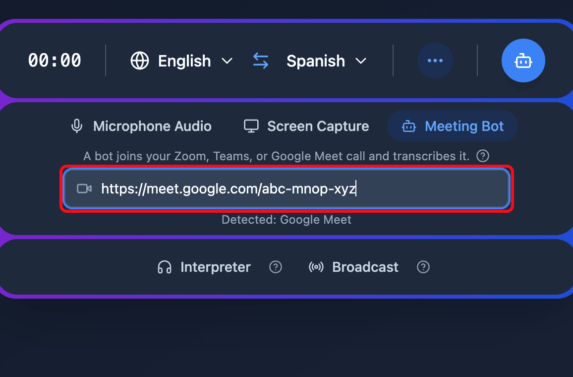 Pasting a Google Meet link into the Meeting Bot field in the Whisperr Web App, with the detected platform shown below