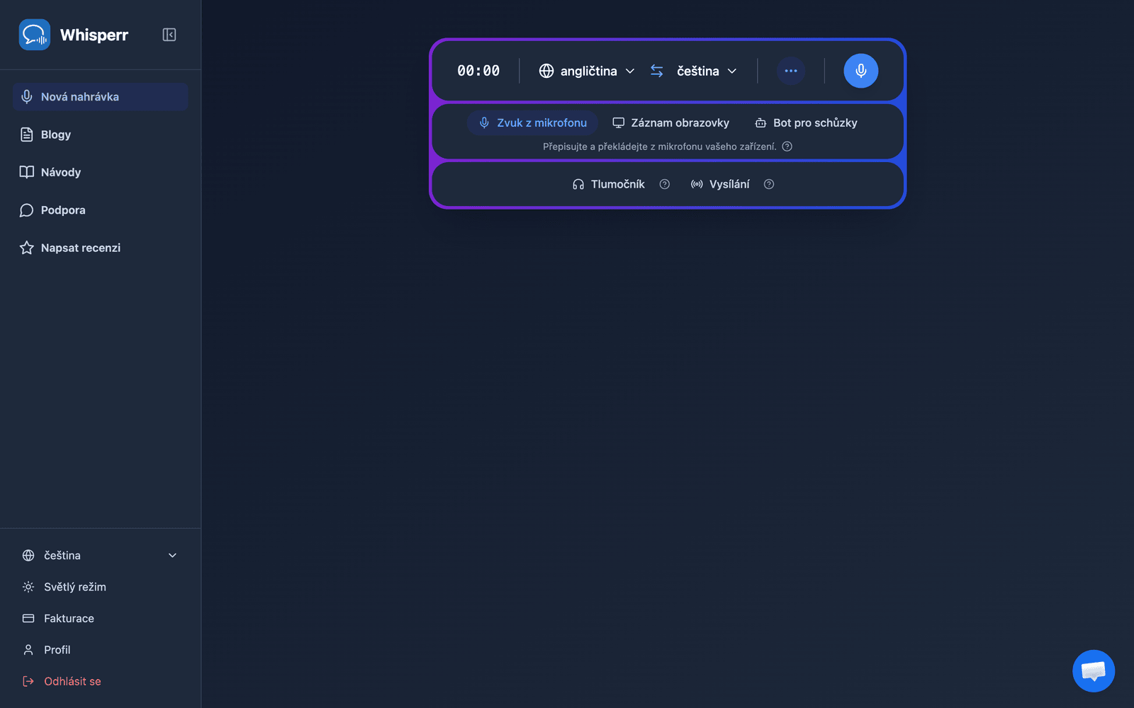 The Whisperr Web App open at app.whisperr.co showing the recording bar