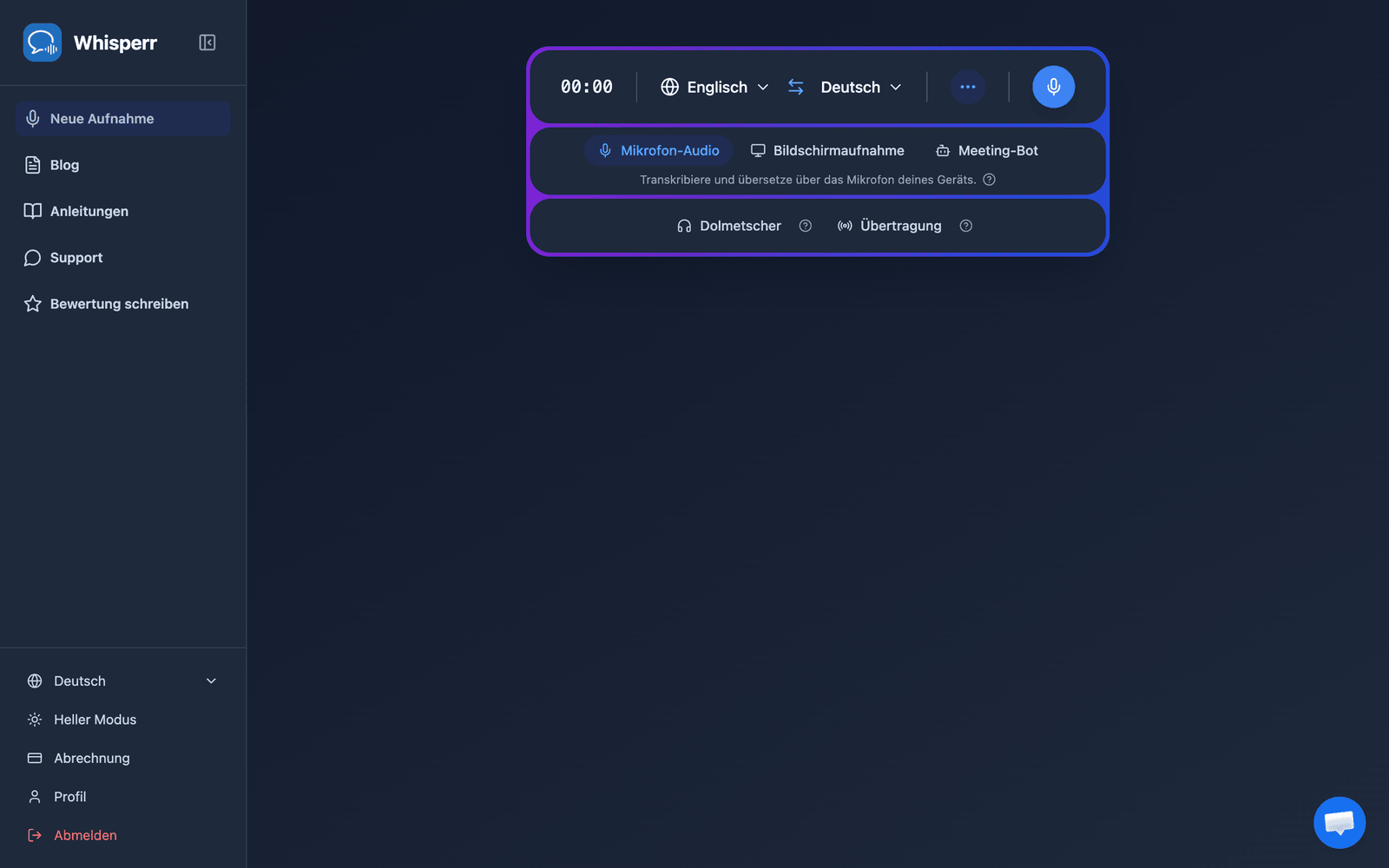 The Whisperr Web App open at app.whisperr.co showing the recording bar