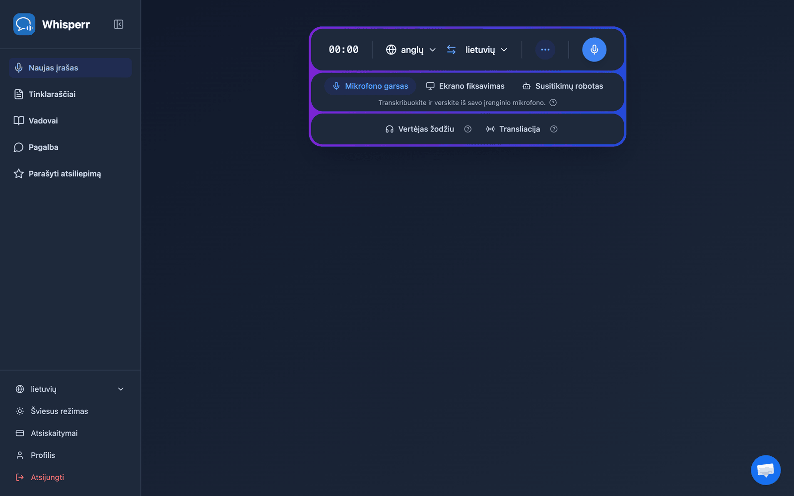 The Whisperr Web App open at app.whisperr.co showing the recording bar