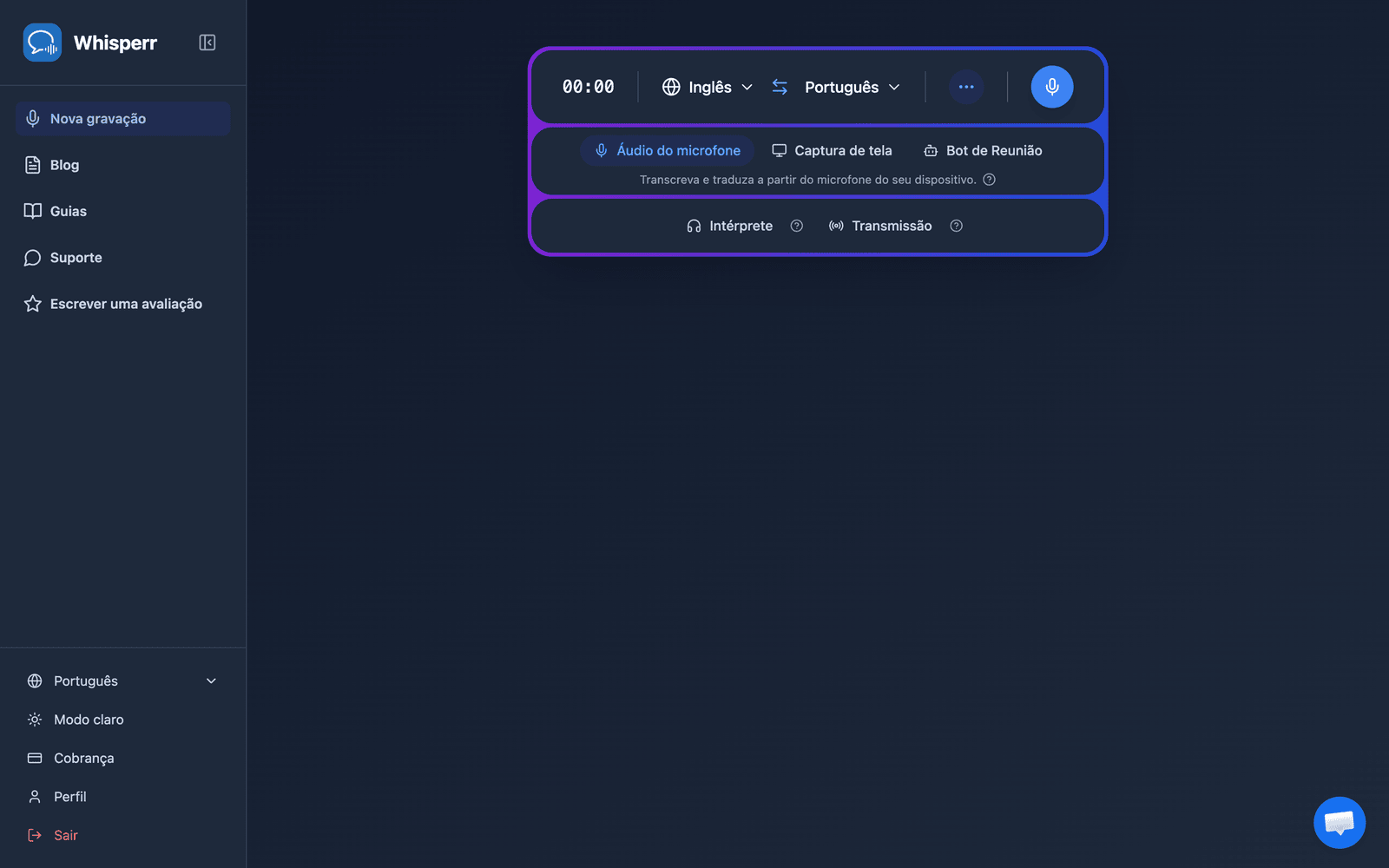 The Whisperr Web App open at app.whisperr.co showing the recording bar