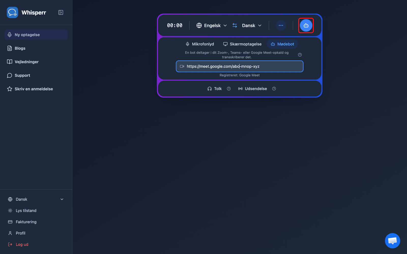 Clicking the Send Bot button in the Whisperr Web App
