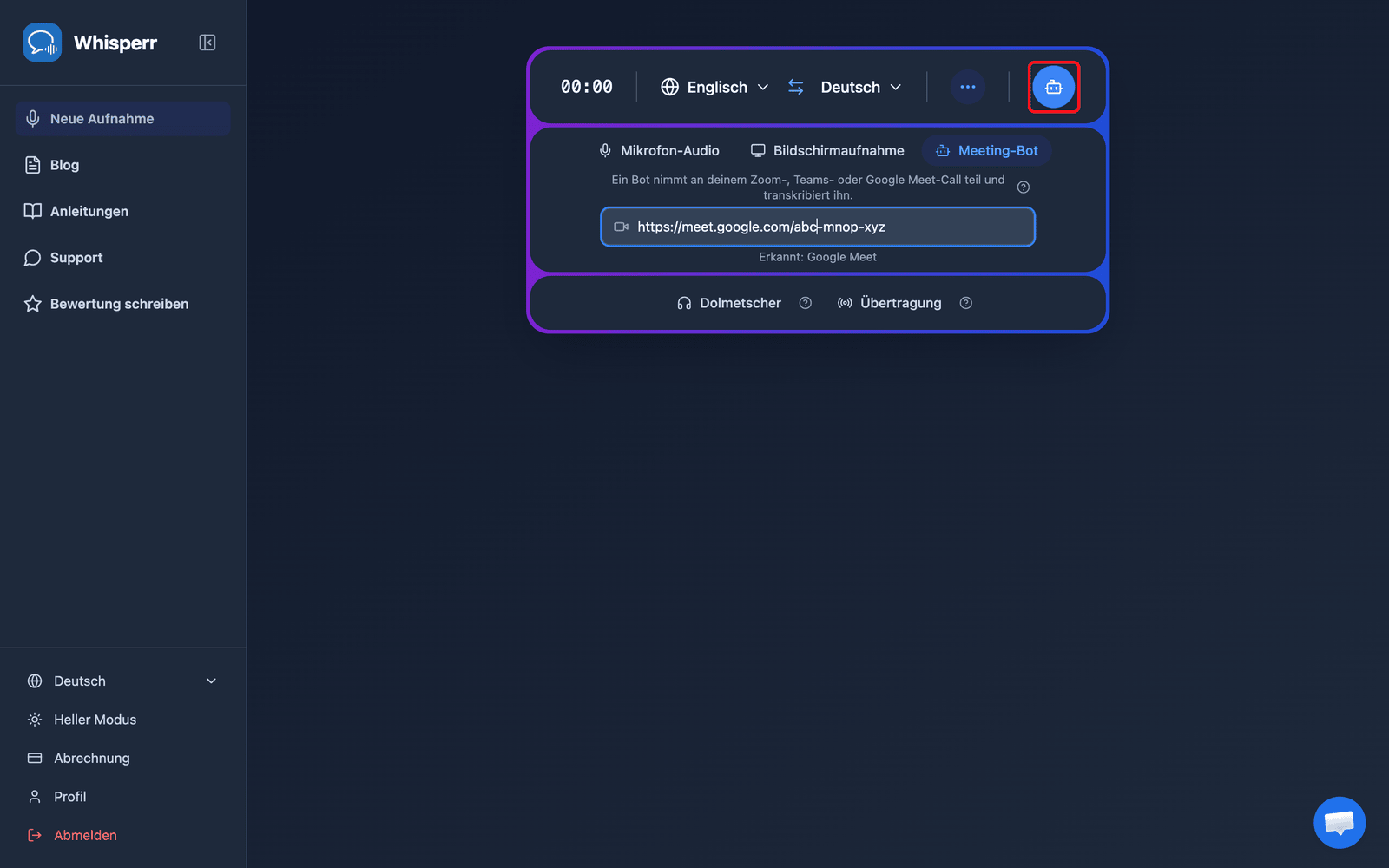 Clicking the Send Bot button in the Whisperr Web App