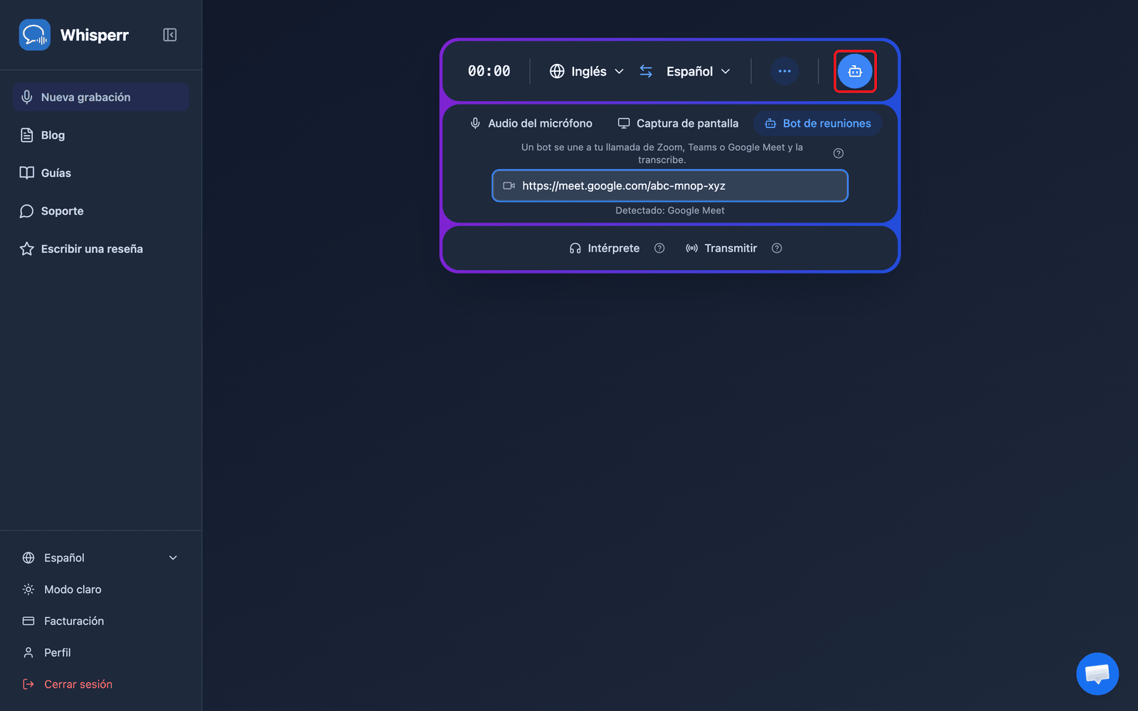 Clicking the Send Bot button in the Whisperr Web App