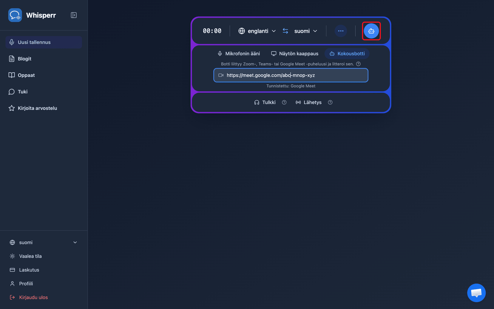 Clicking the Send Bot button in the Whisperr Web App