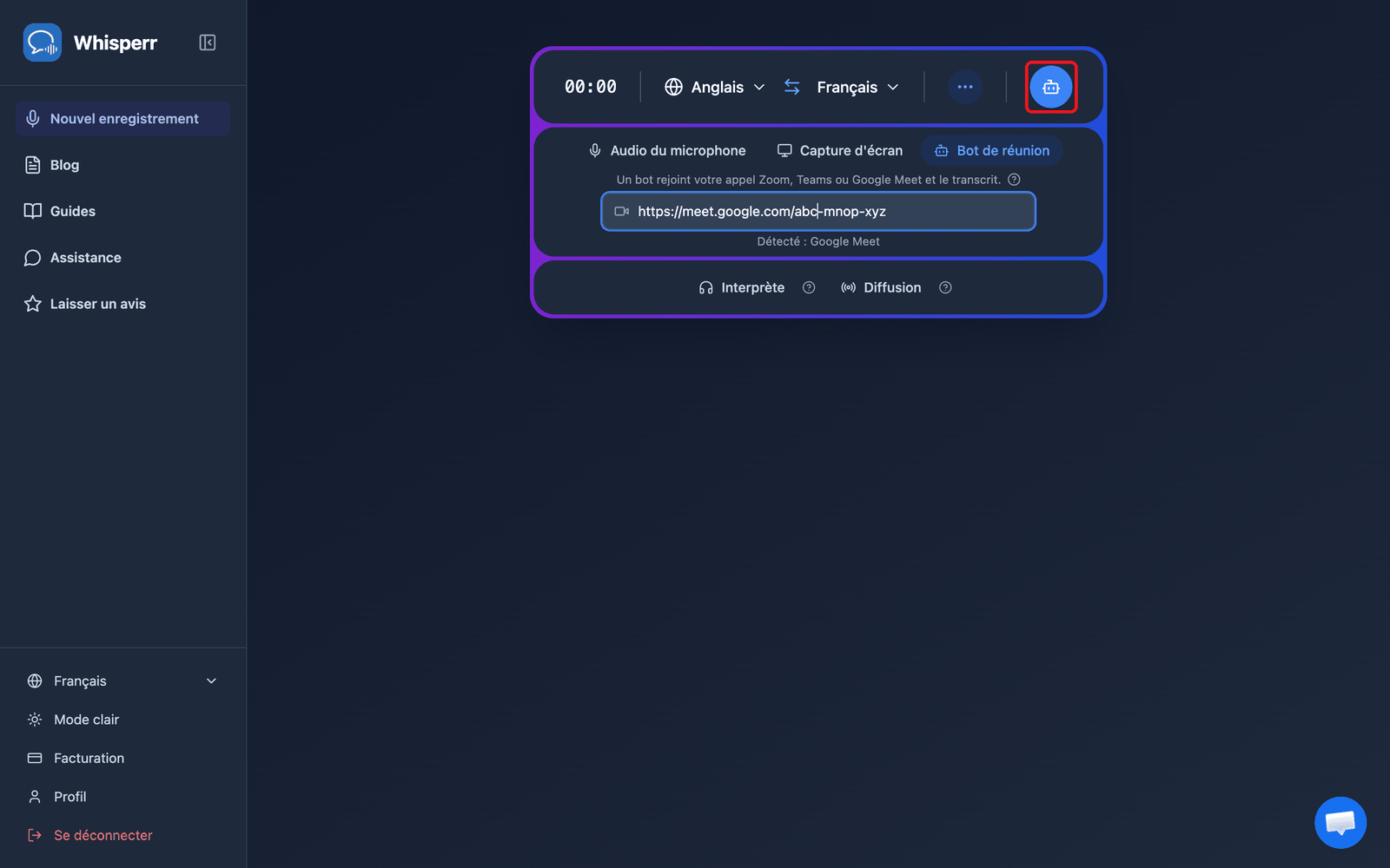 Clicking the Send Bot button in the Whisperr Web App