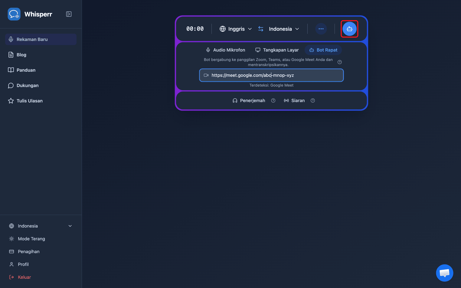 Clicking the Send Bot button in the Whisperr Web App