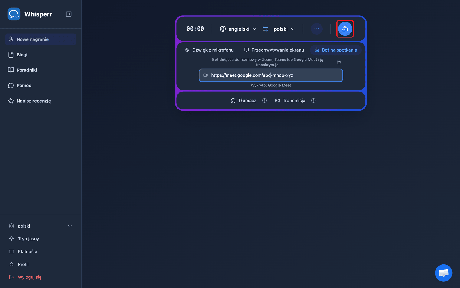 Clicking the Send Bot button in the Whisperr Web App