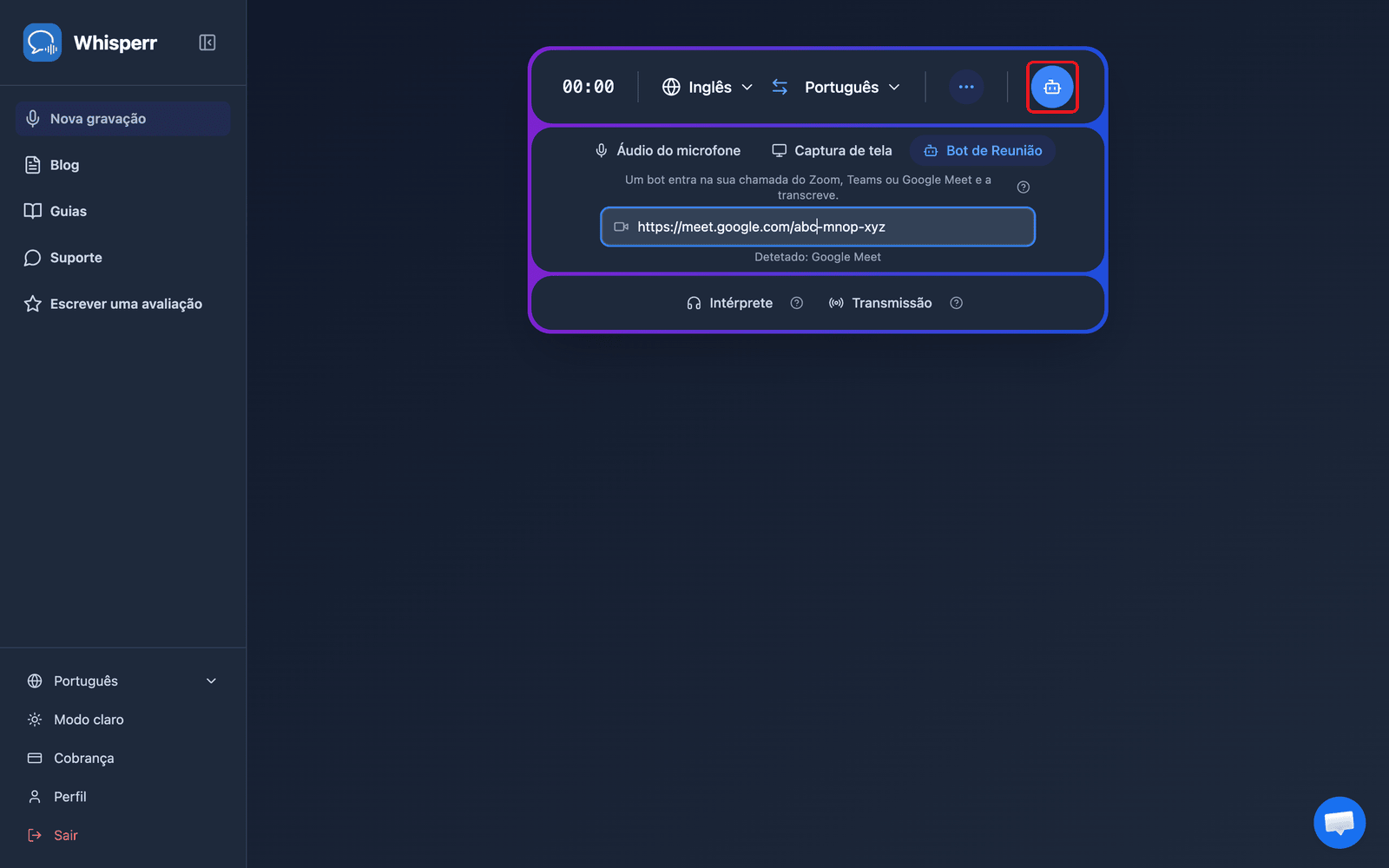 Clicking the Send Bot button in the Whisperr Web App