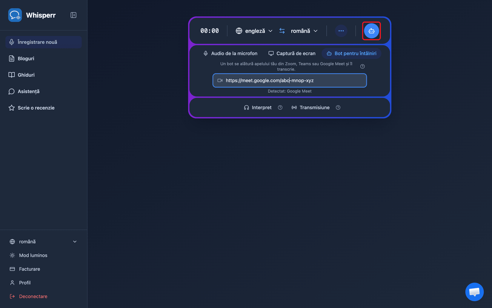 Clicking the Send Bot button in the Whisperr Web App