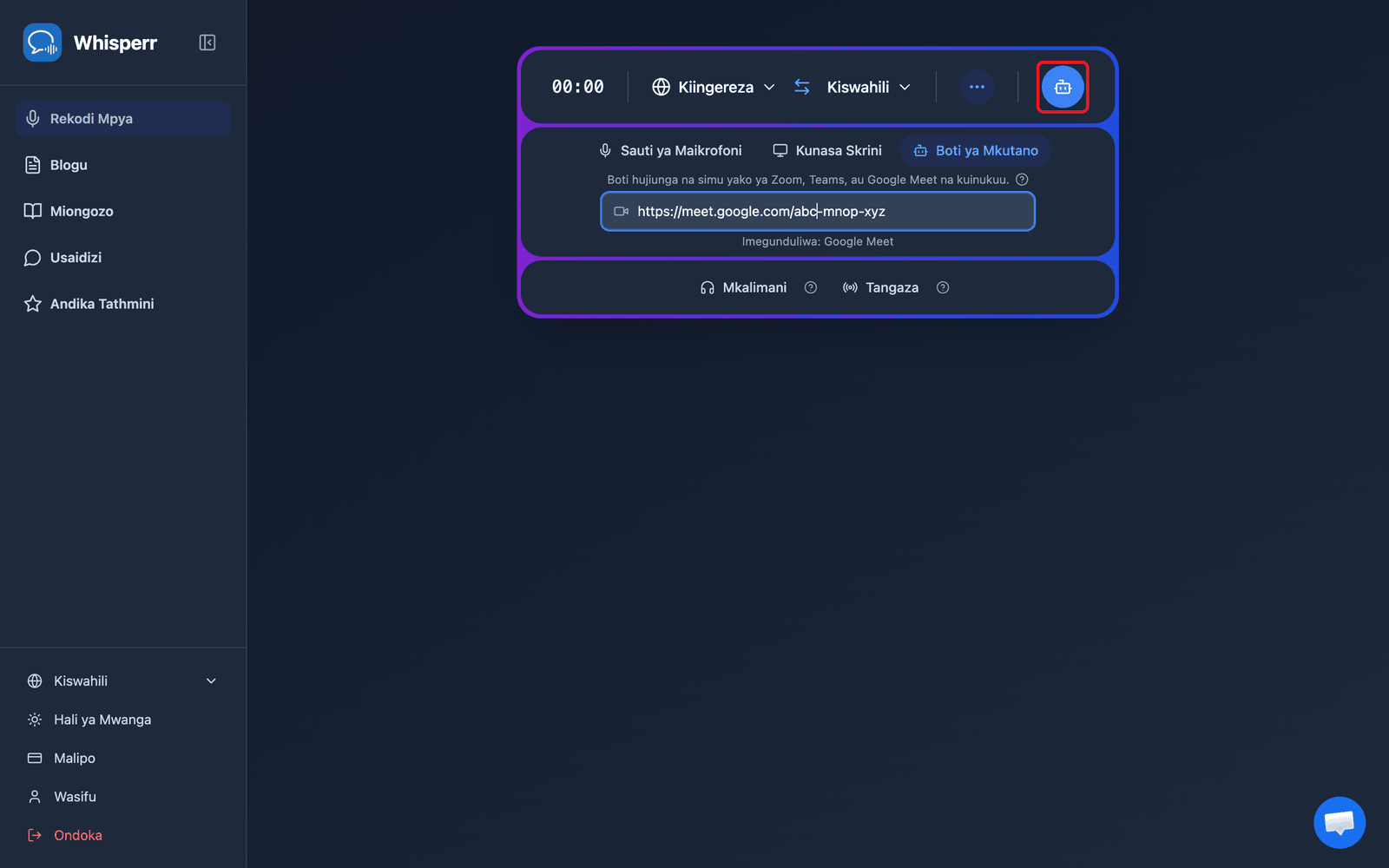 Clicking the Send Bot button in the Whisperr Web App
