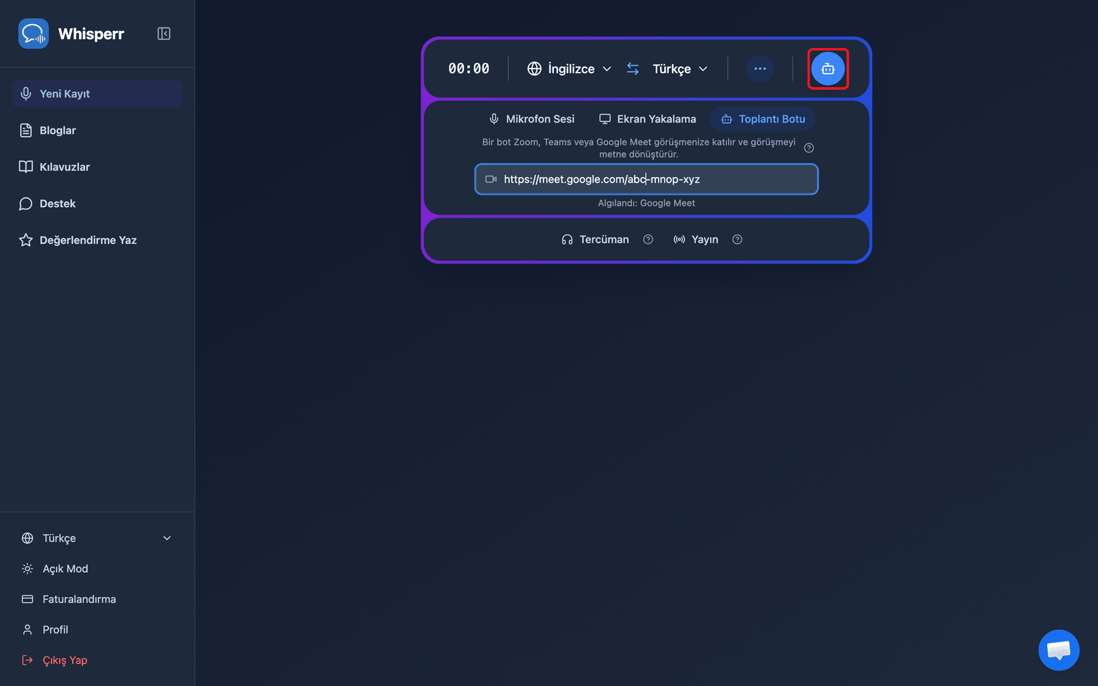 Clicking the Send Bot button in the Whisperr Web App