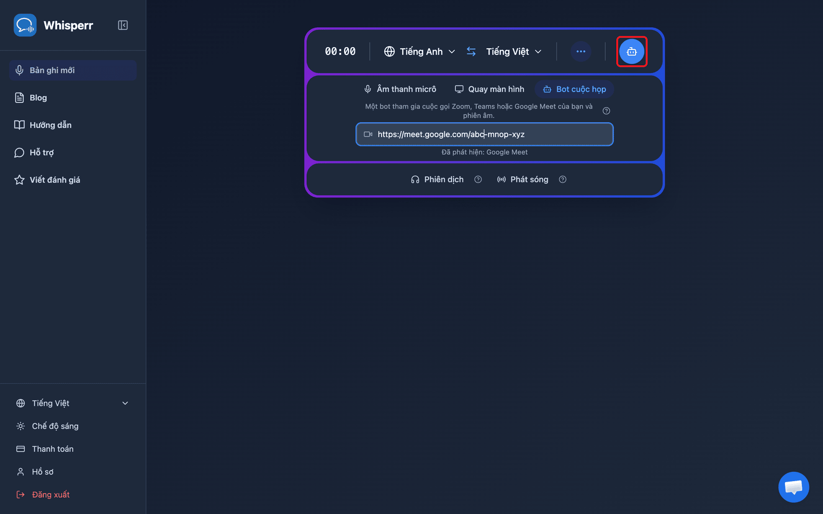Clicking the Send Bot button in the Whisperr Web App