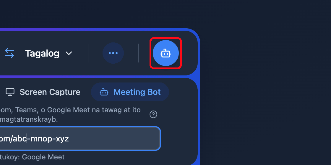 Zoomed view of the Send Bot button in the Whisperr Web App
