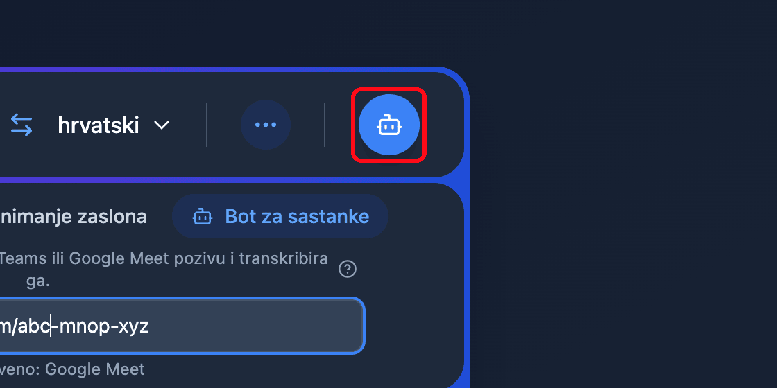 Zoomed view of the Send Bot button in the Whisperr Web App