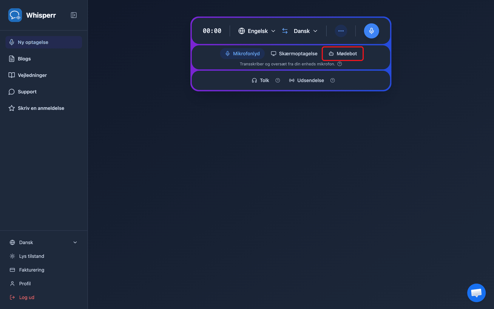 Clicking the Meeting Bot source in the Whisperr Web App recording bar