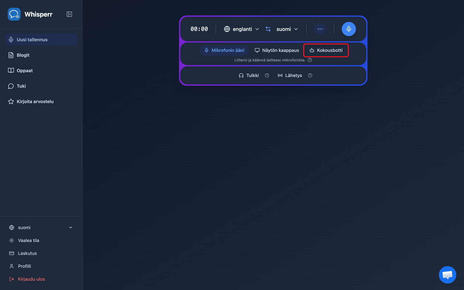 Clicking the Meeting Bot source in the Whisperr Web App recording bar
