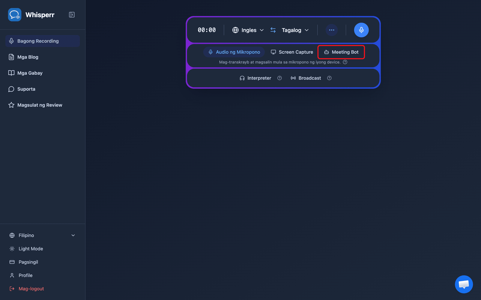 Clicking the Meeting Bot source in the Whisperr Web App recording bar