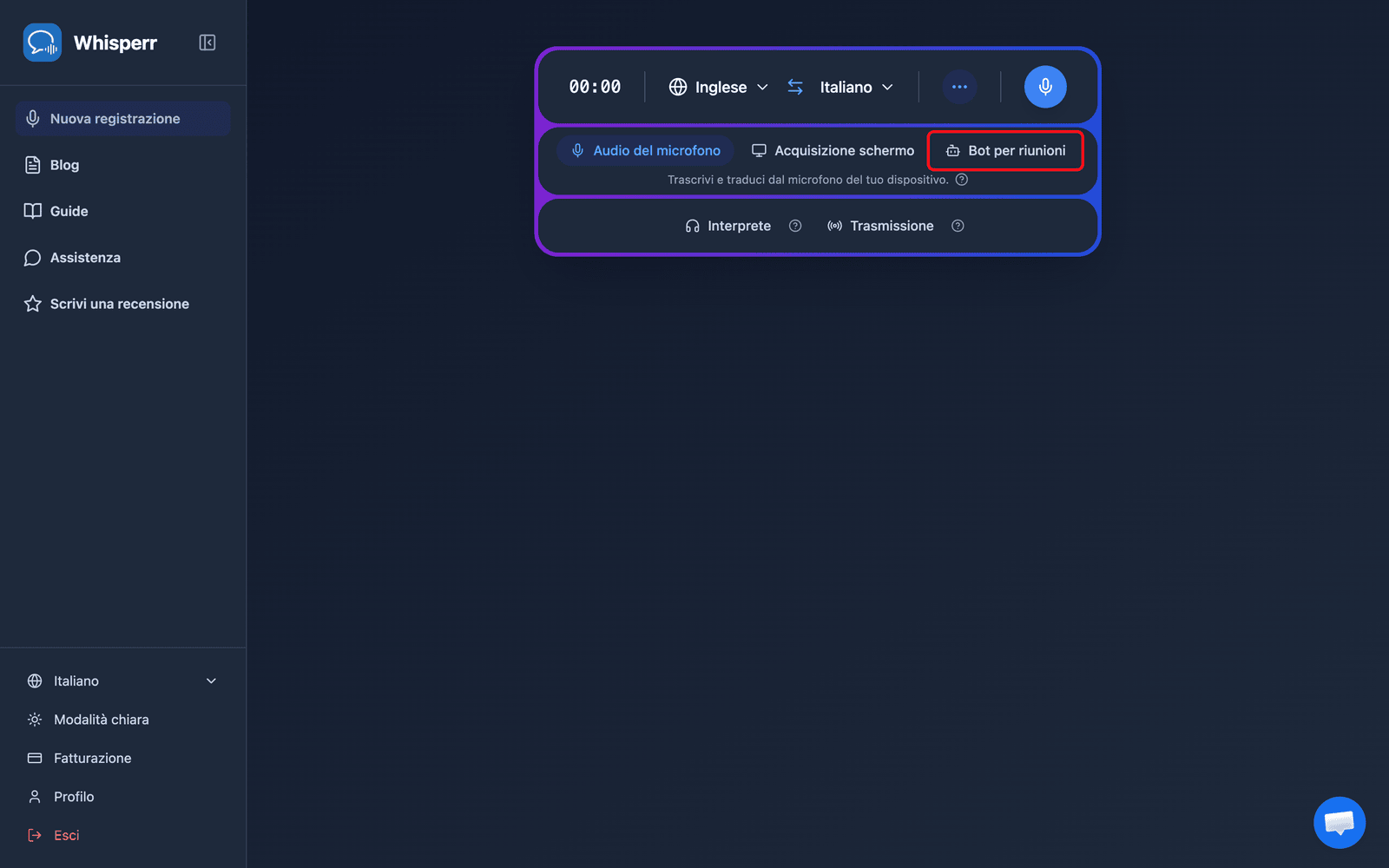 Clicking the Meeting Bot source in the Whisperr Web App recording bar