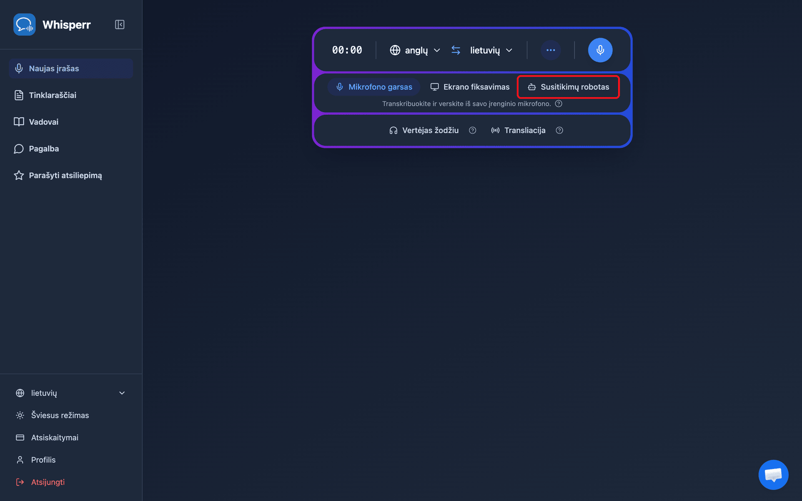 Clicking the Meeting Bot source in the Whisperr Web App recording bar