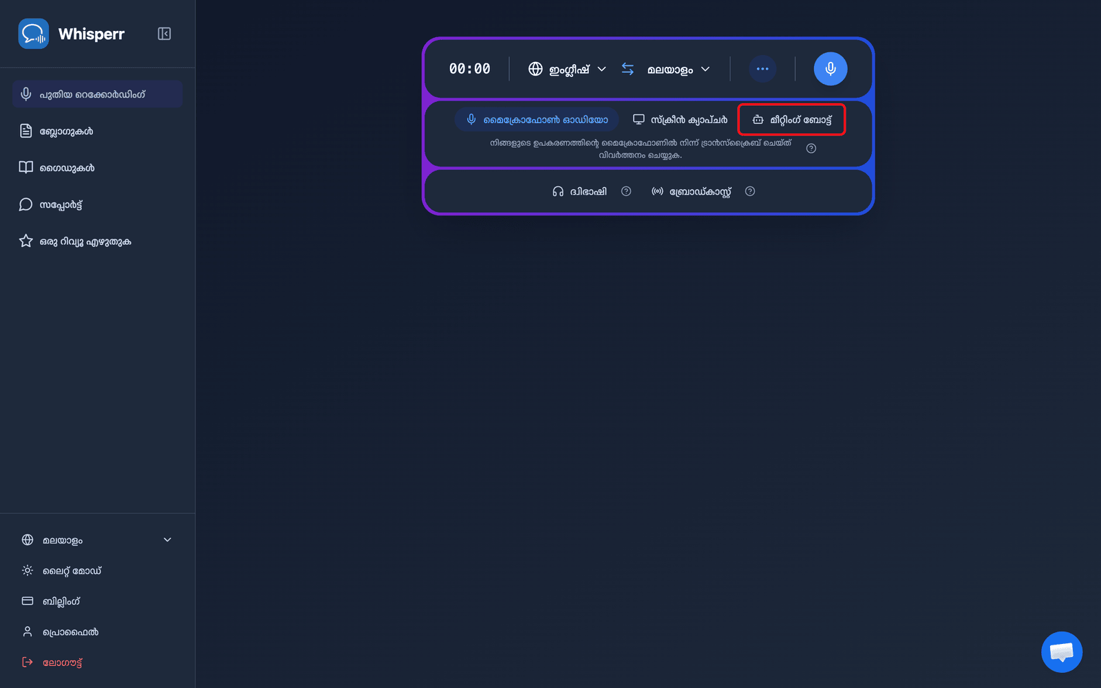 Clicking the Meeting Bot source in the Whisperr Web App recording bar