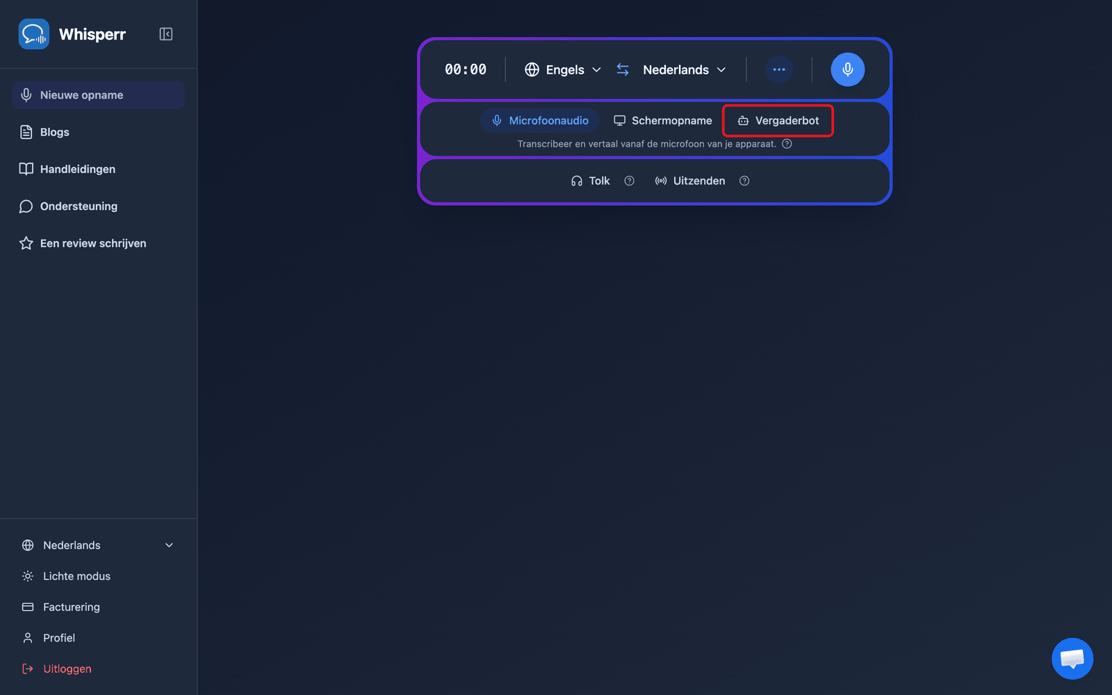 Clicking the Meeting Bot source in the Whisperr Web App recording bar