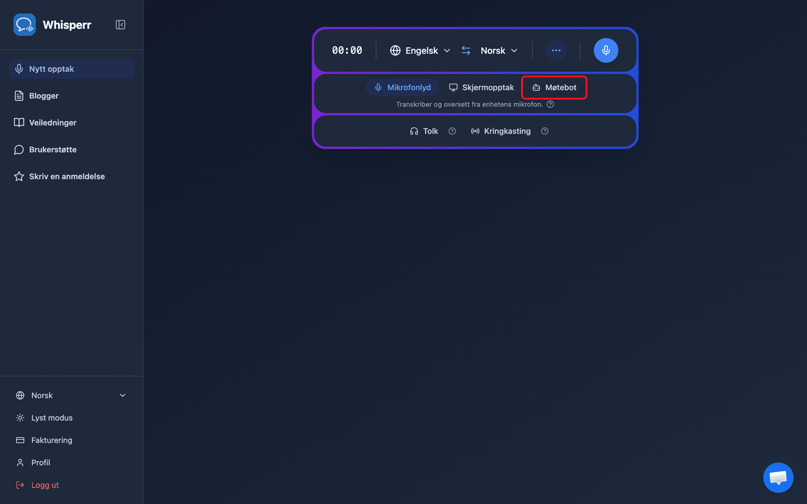 Clicking the Meeting Bot source in the Whisperr Web App recording bar