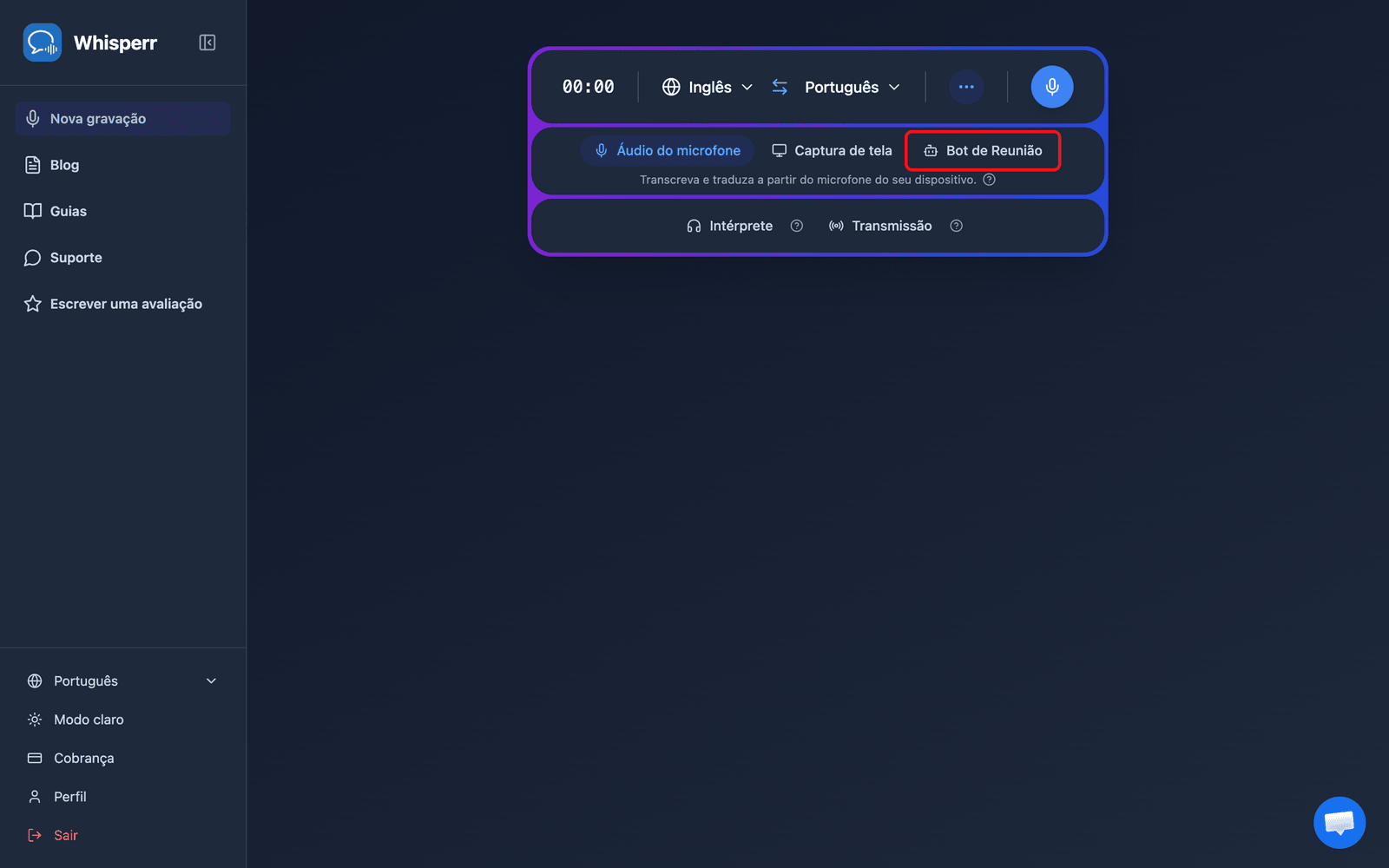 Clicking the Meeting Bot source in the Whisperr Web App recording bar