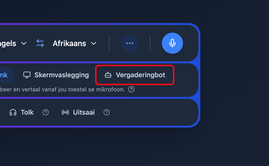 Zoomed view of the Meeting Bot source button in the Whisperr Web App