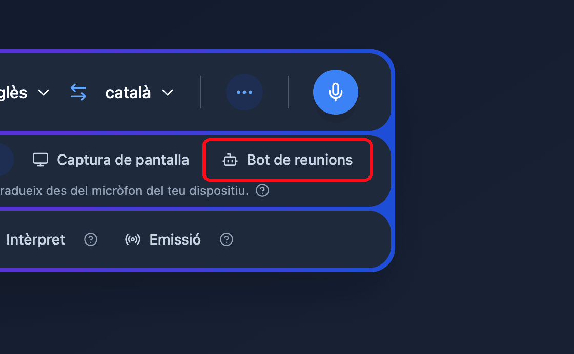 Zoomed view of the Meeting Bot source button in the Whisperr Web App