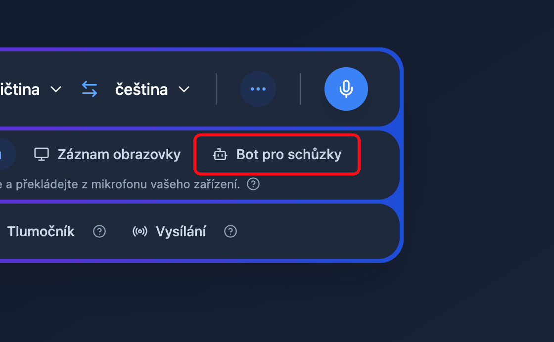 Zoomed view of the Meeting Bot source button in the Whisperr Web App