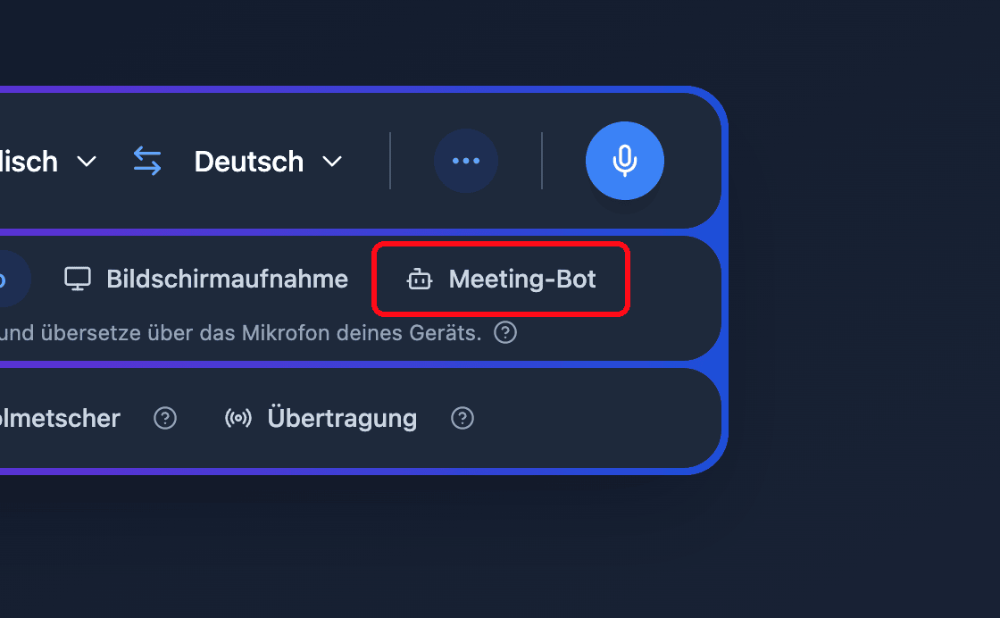 Zoomed view of the Meeting Bot source button in the Whisperr Web App