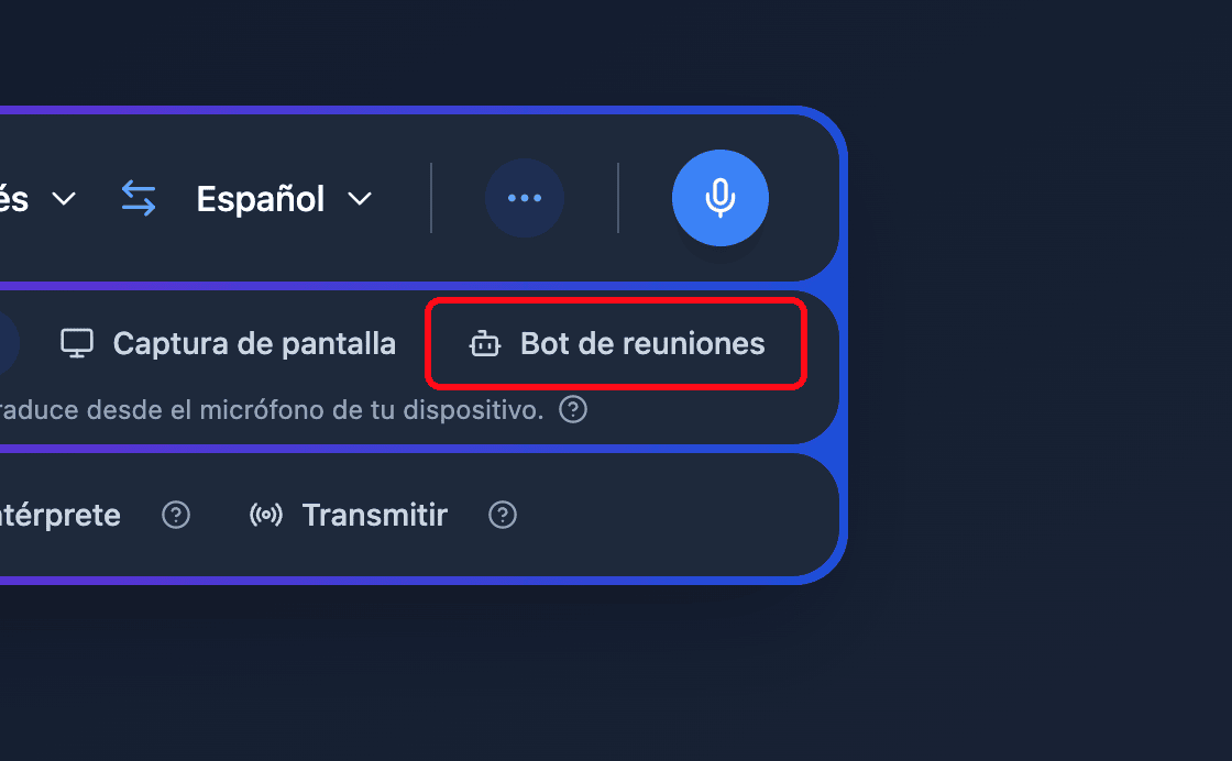 Zoomed view of the Meeting Bot source button in the Whisperr Web App